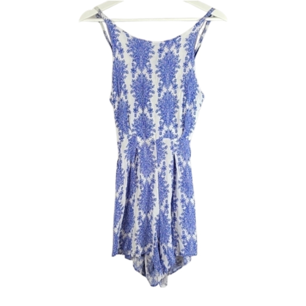 Y2K Vintage Boho Porcelain Print Open Back Shorts Romper White Blue XS